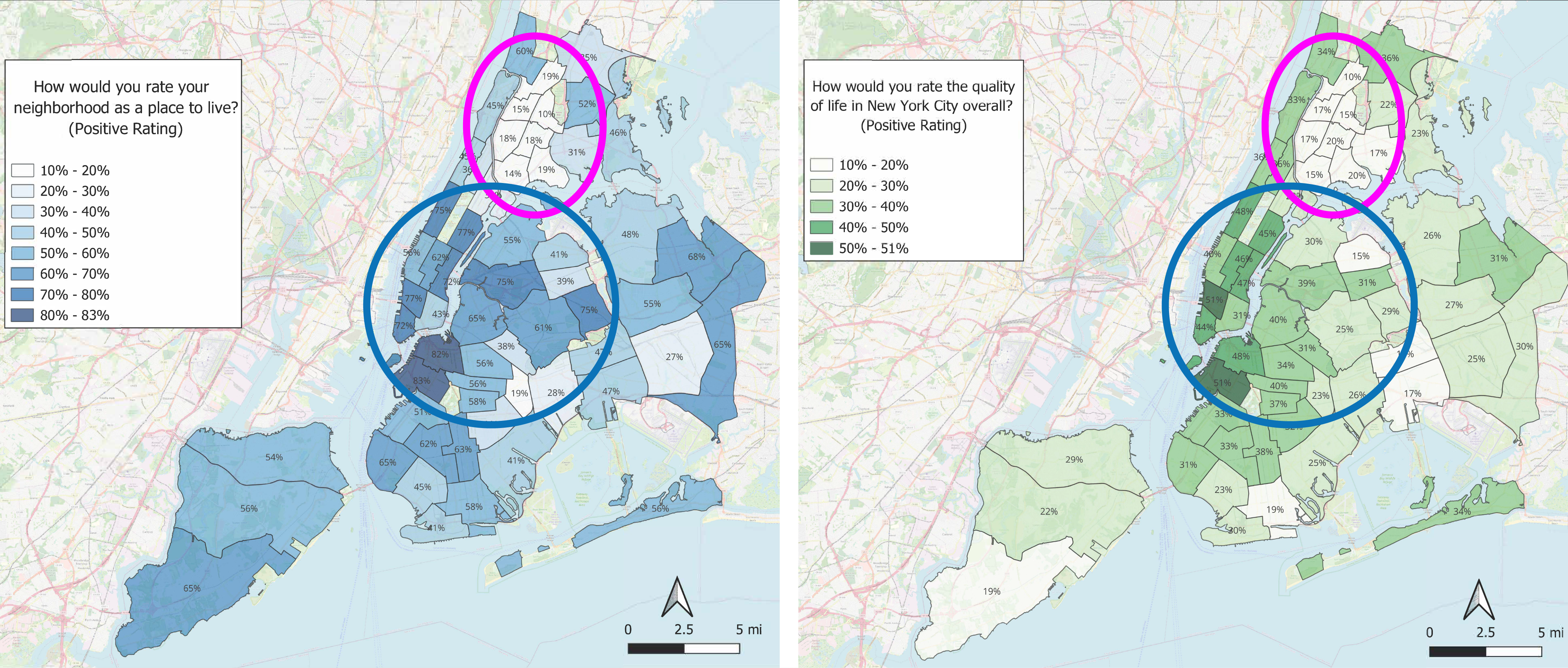 Figure 5: Shares Rating their Neighborhood and NYC As Excellent or Good, by Community Board, 2023