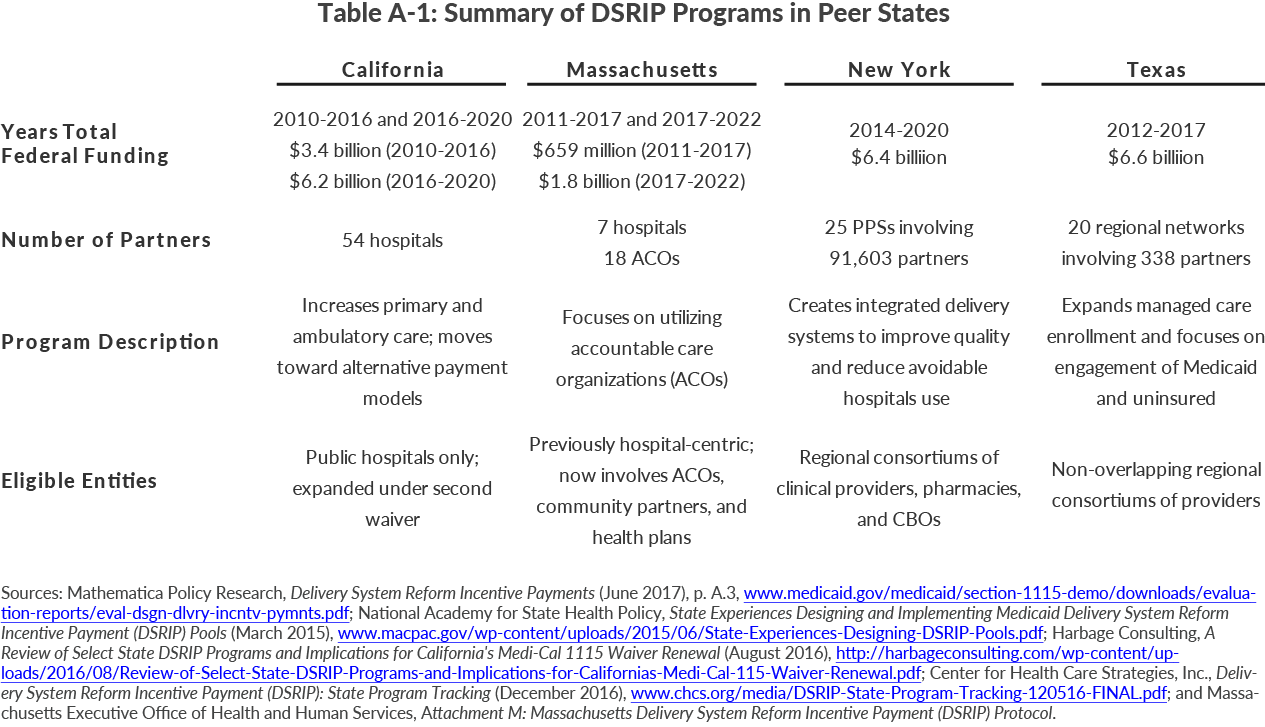 Table A-1: Summary of DSRIP Programs in Peer States